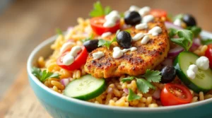 Mediterranean Crispy Rice Chicken Bowl
